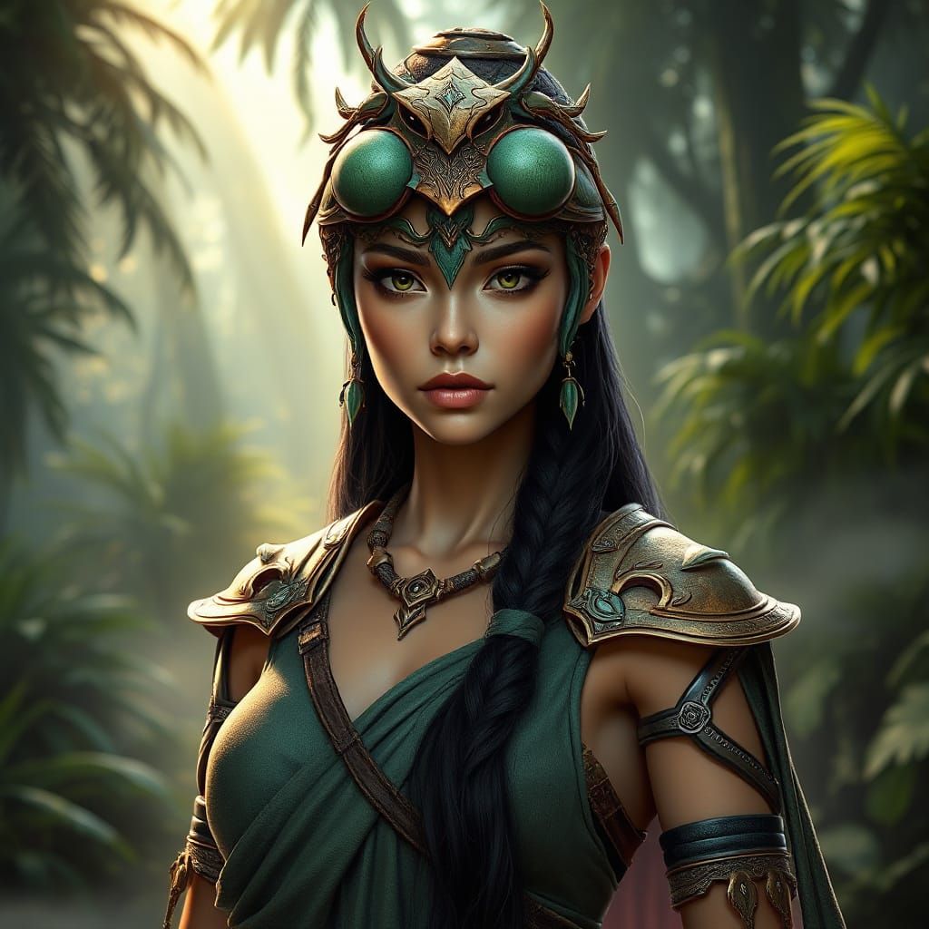 Amazonian Warrior Priestess with Mantis-Inspired Mask