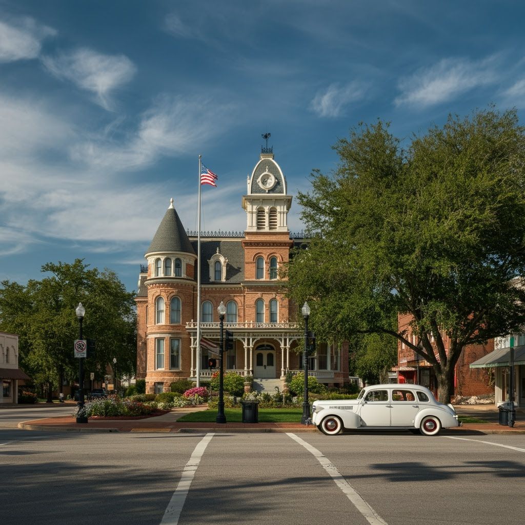 Sunny Afternoon in Quaint Small Town with Victorian City Hal...