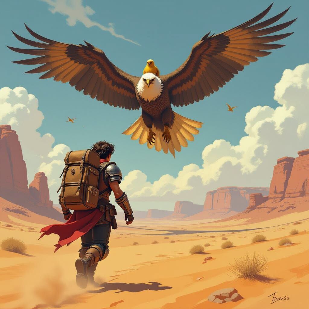 Adventurer Pursued by Roc Across Desert Landscape