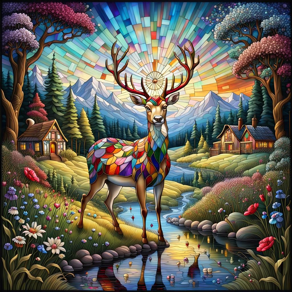 Graceful Deer in Rococo Art With Stained Glass