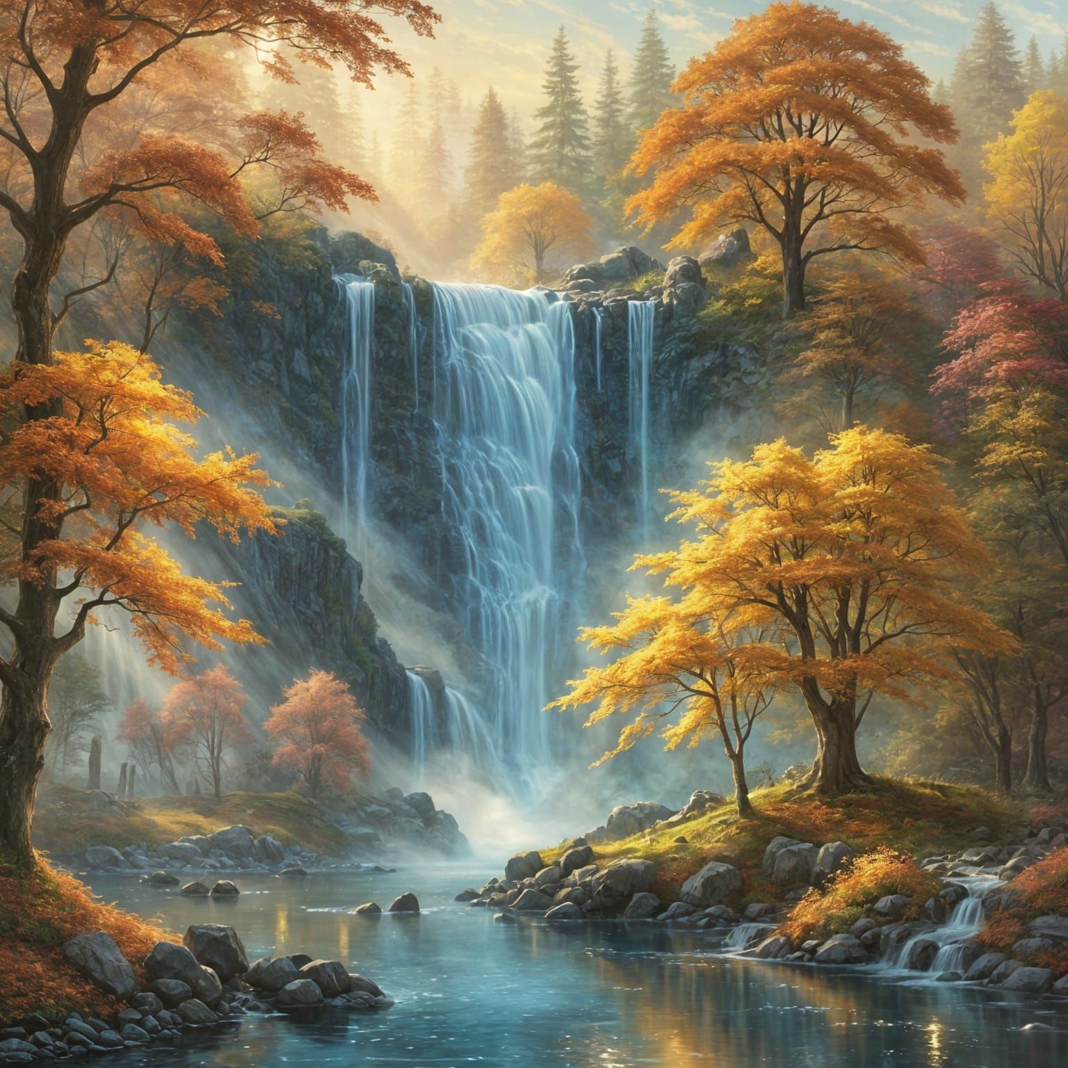 Ethereal Waterfall Amidst Bioluminescent Autumn Trees