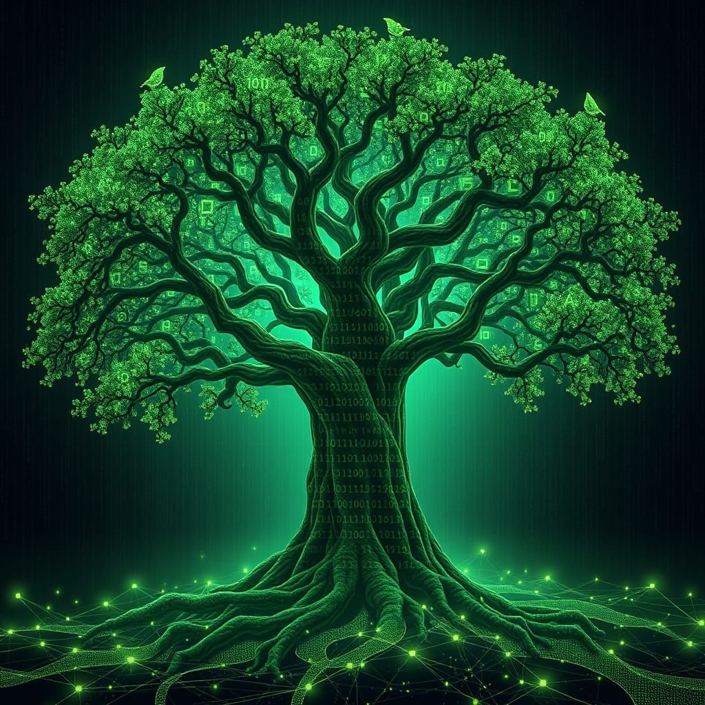 Ancient Tree with Binary Code Bark and Holographic Leaves