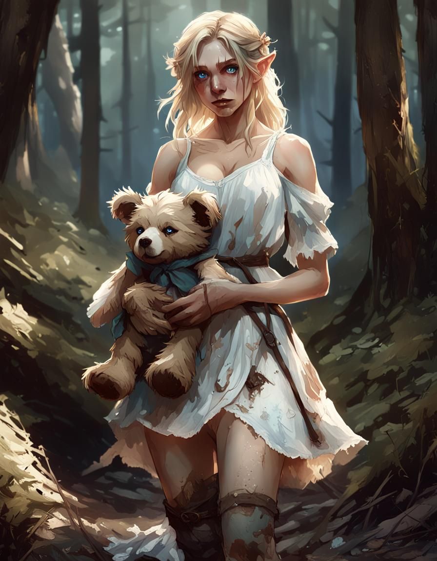 Lost Elf Girl in Woods, Hyperdetailed Digital Art