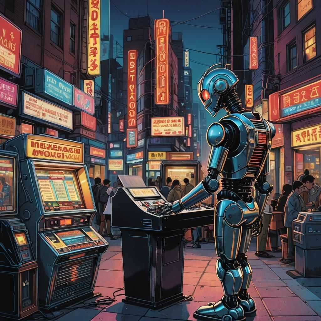 Robot Jukebox Examines Record in Neon Cityscape