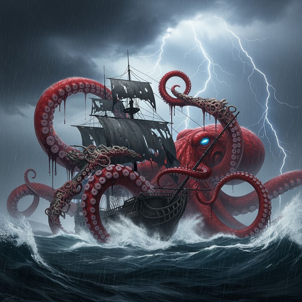 Pirate Ship Under Attack by Giant Octopus