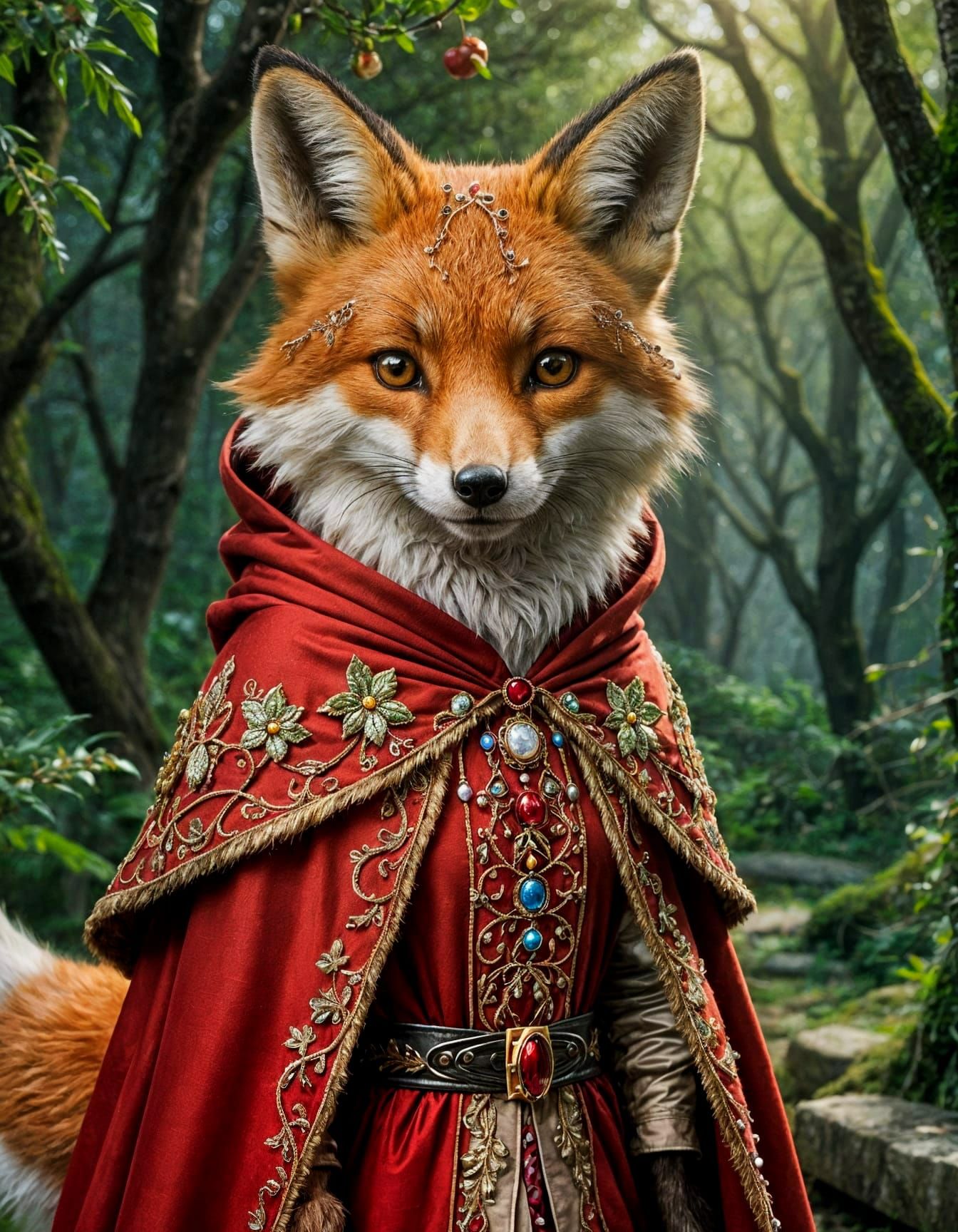 Enchanting Fox in Red Cloak with Apples