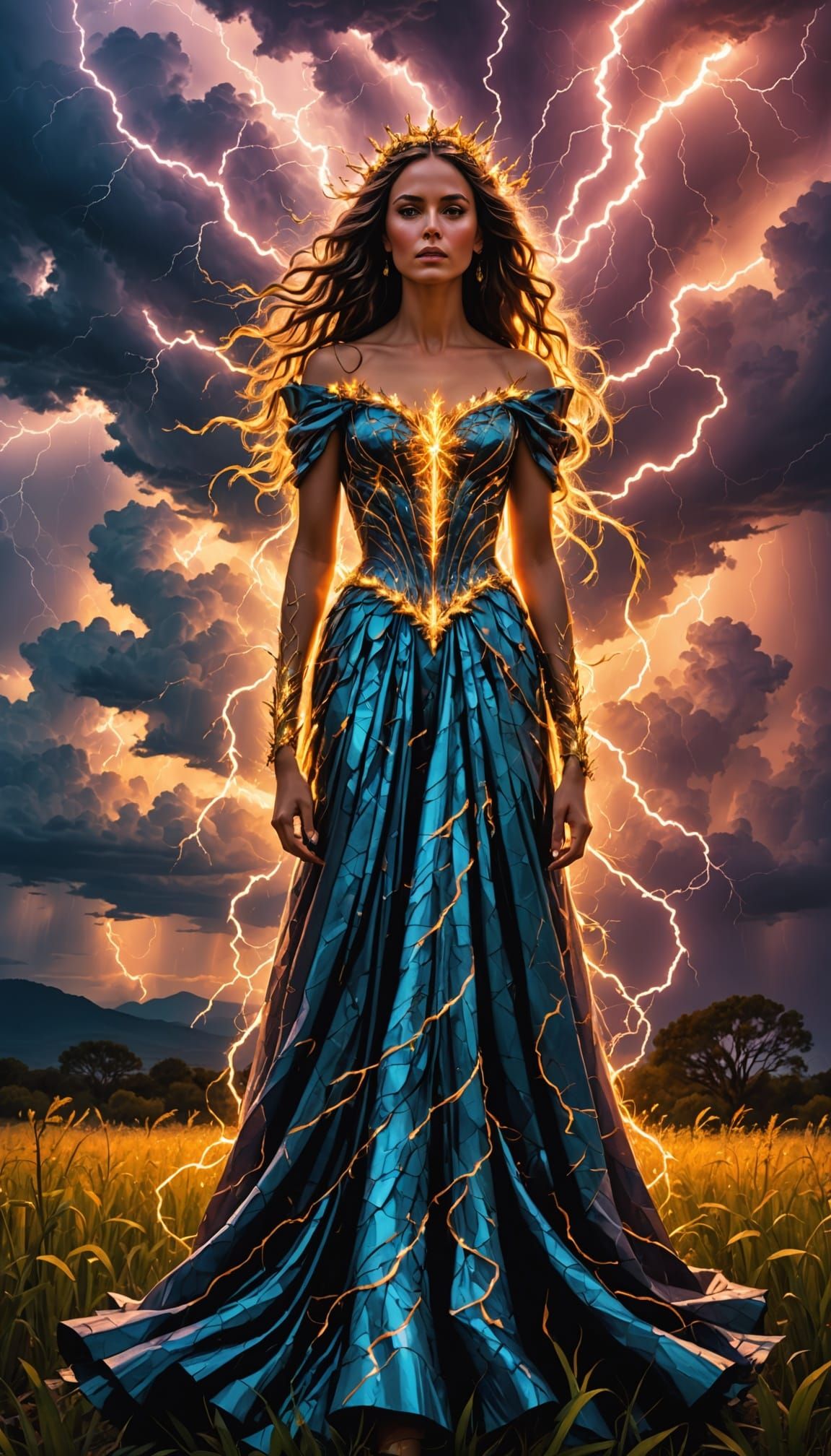 Storm Empress in Bioluminescent Sunset, Art Nouveau Style