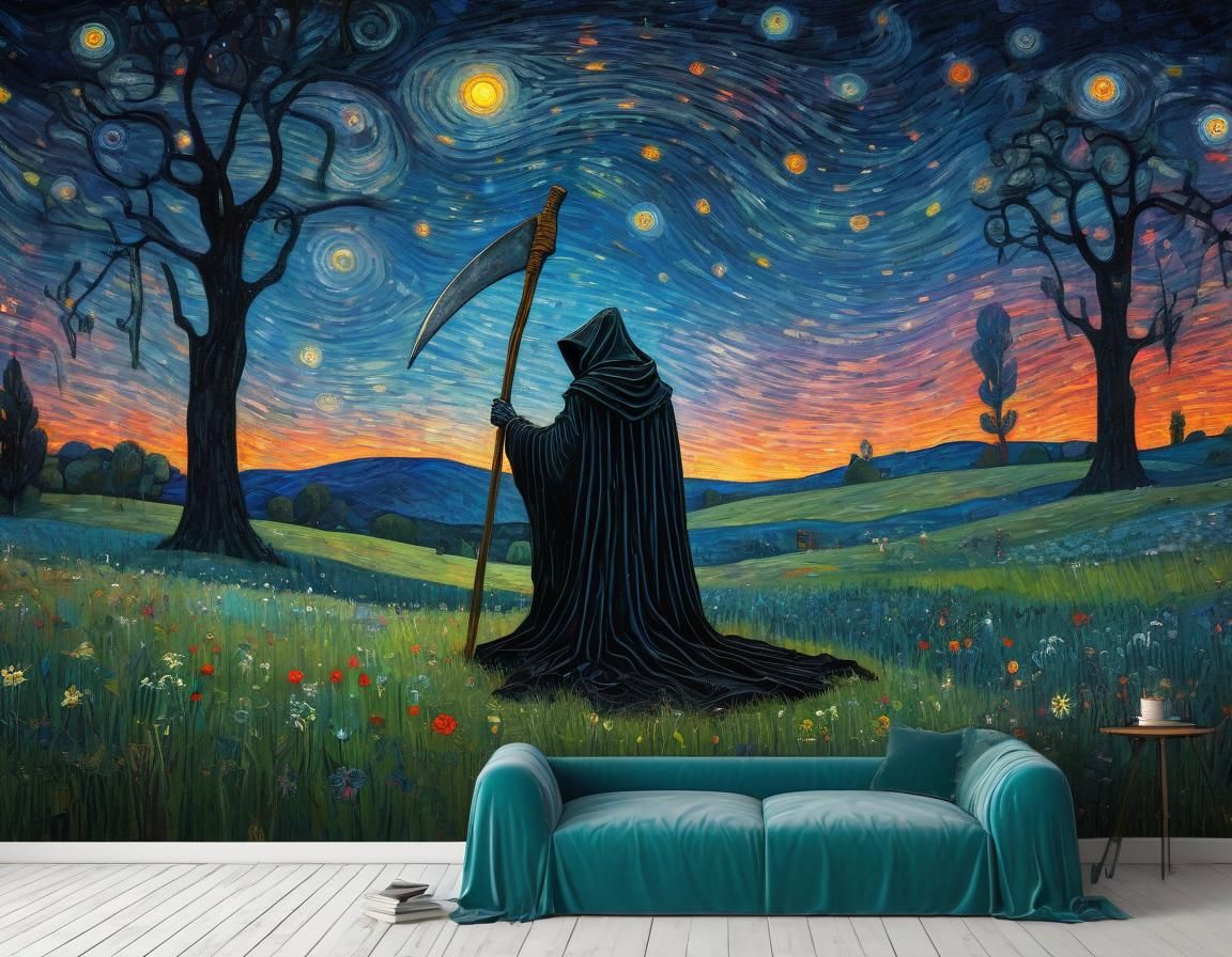 Grim Reaper Watching Shooting Stars, Klimt and Picasso Style