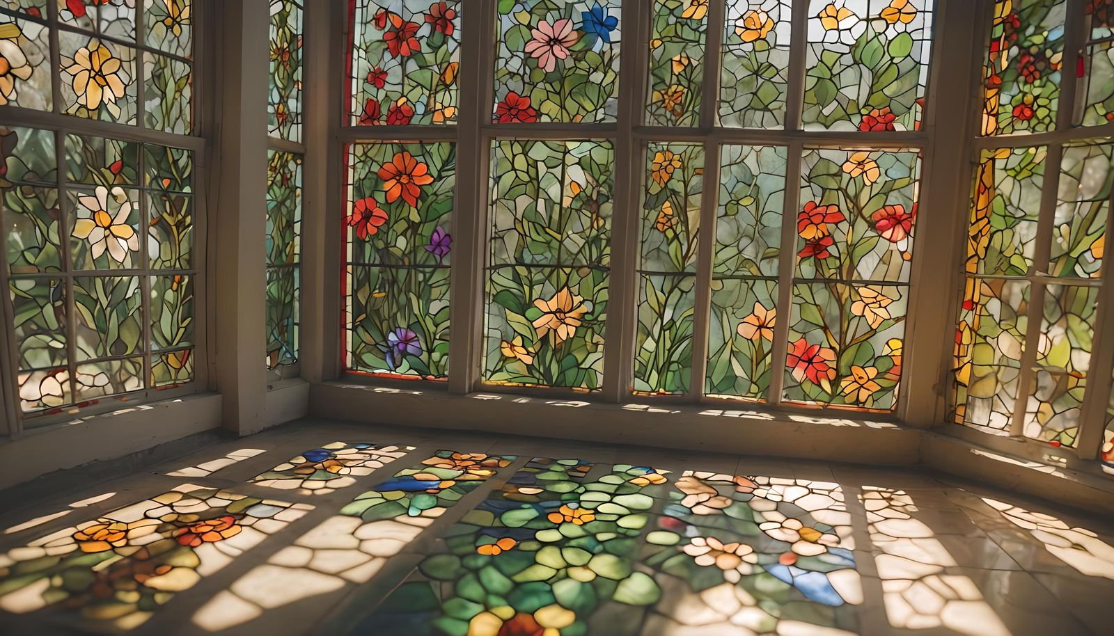 A window with stained glass represent flowers and another window in stained glass representing plants. The sun is shinin...