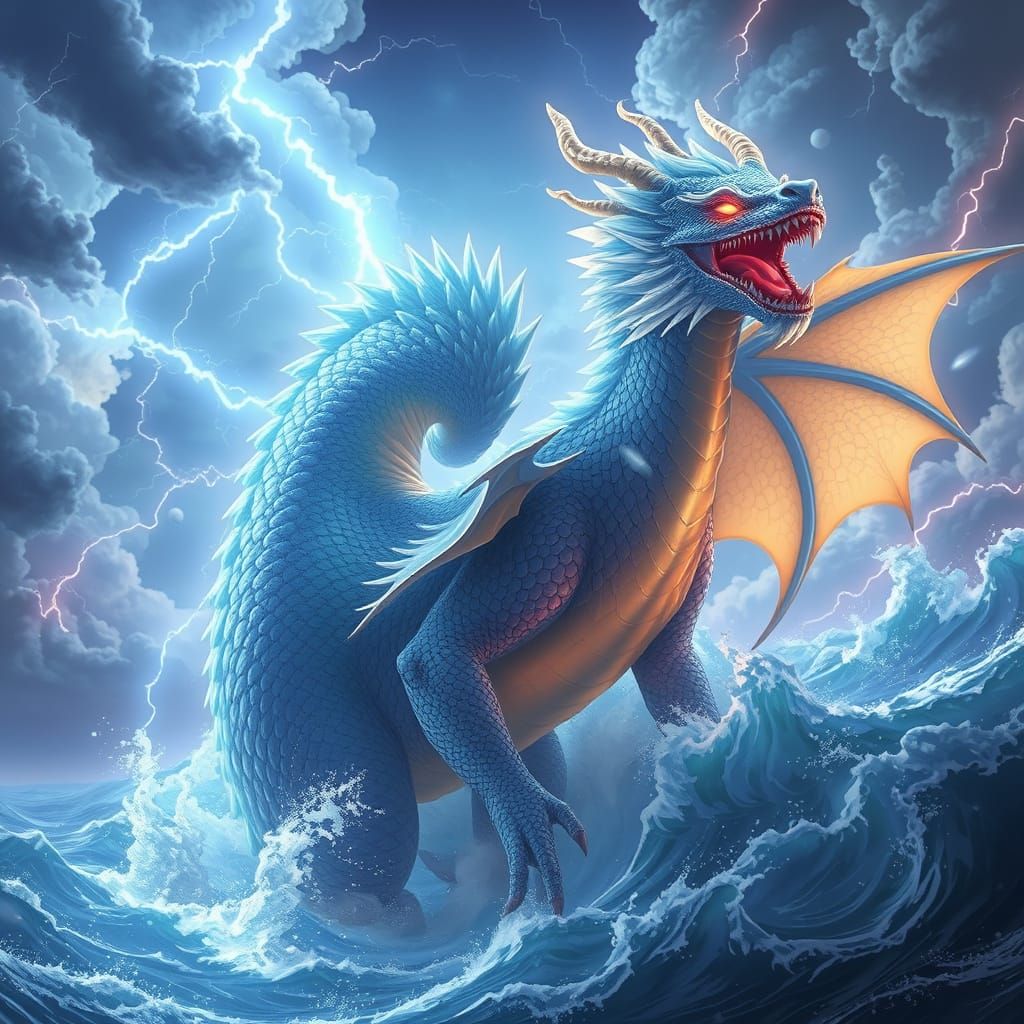 Bioluminescent Dragon Calming a Storm: Hyperdetailed Fantasy...