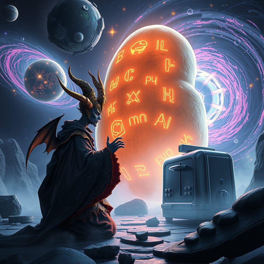 Surreal Pope Worshtips Cyborg Potato God in Cosmic Vortex