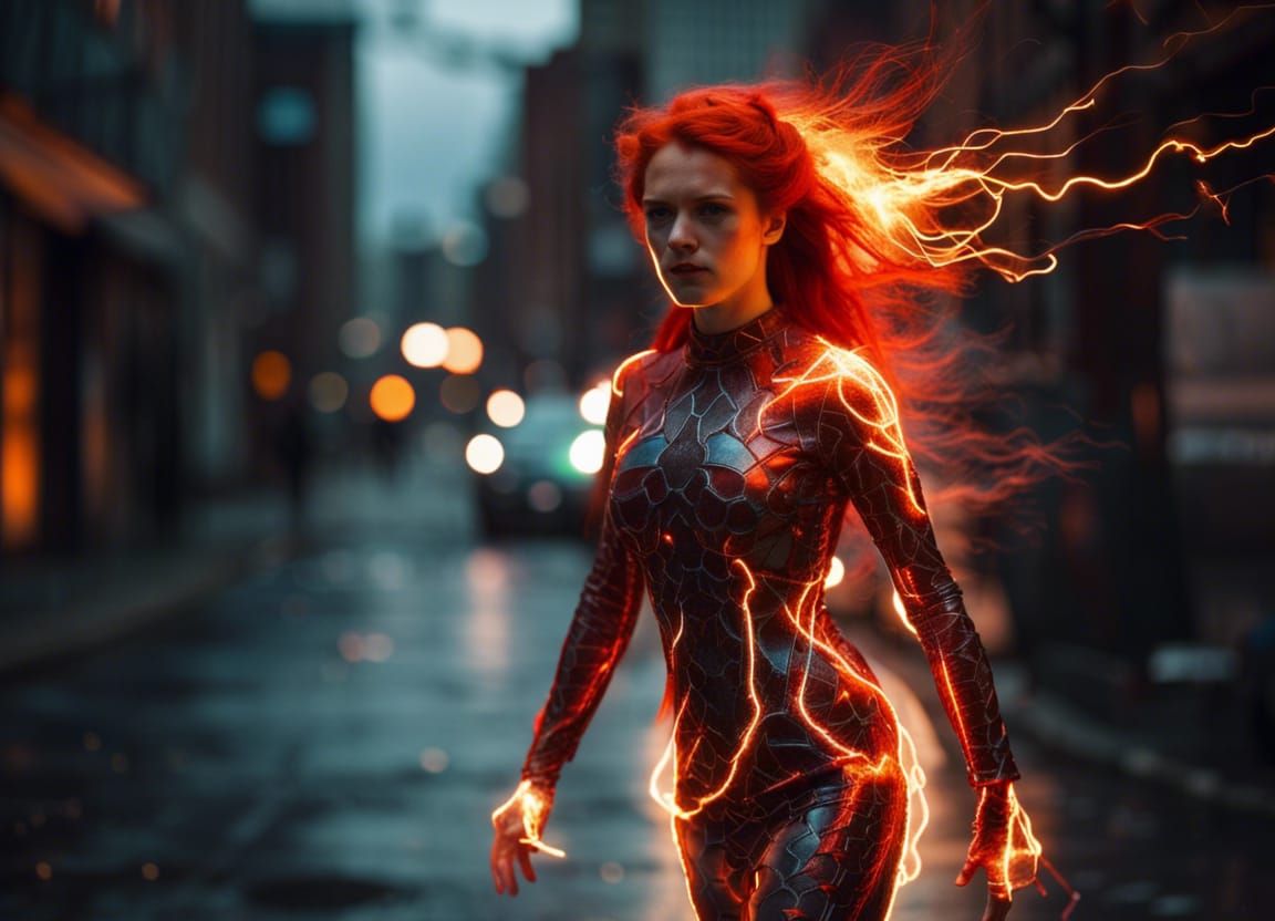 Electroluminescent Woman in Firestorm Liquid Metal Suit