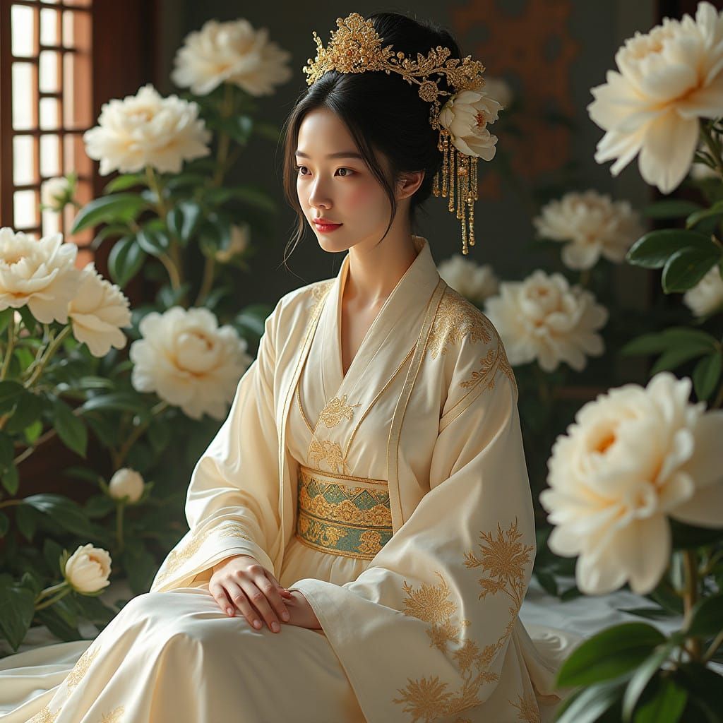 Regal Chinese Peony Goddess in Ancient Courtesan Chamber