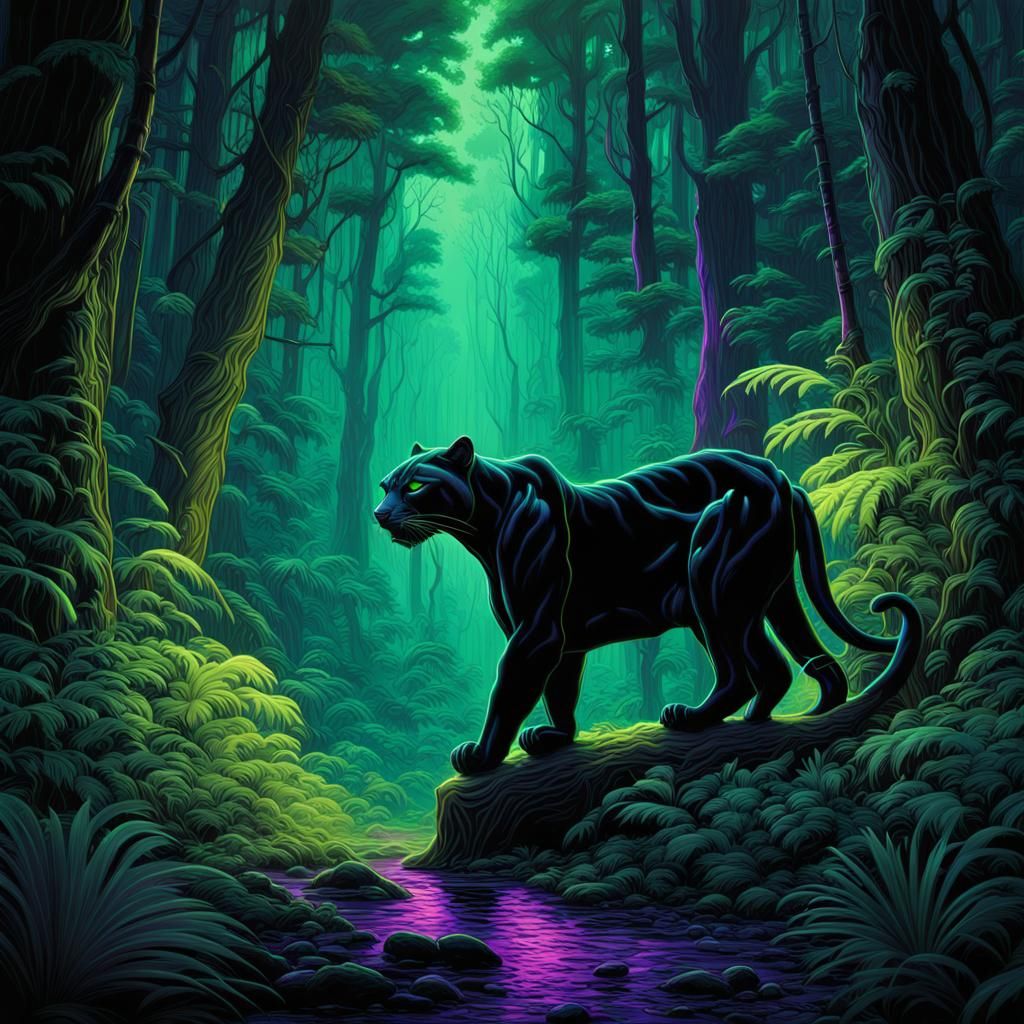 Neon Panther in Dark Forest, UV Black Light Art