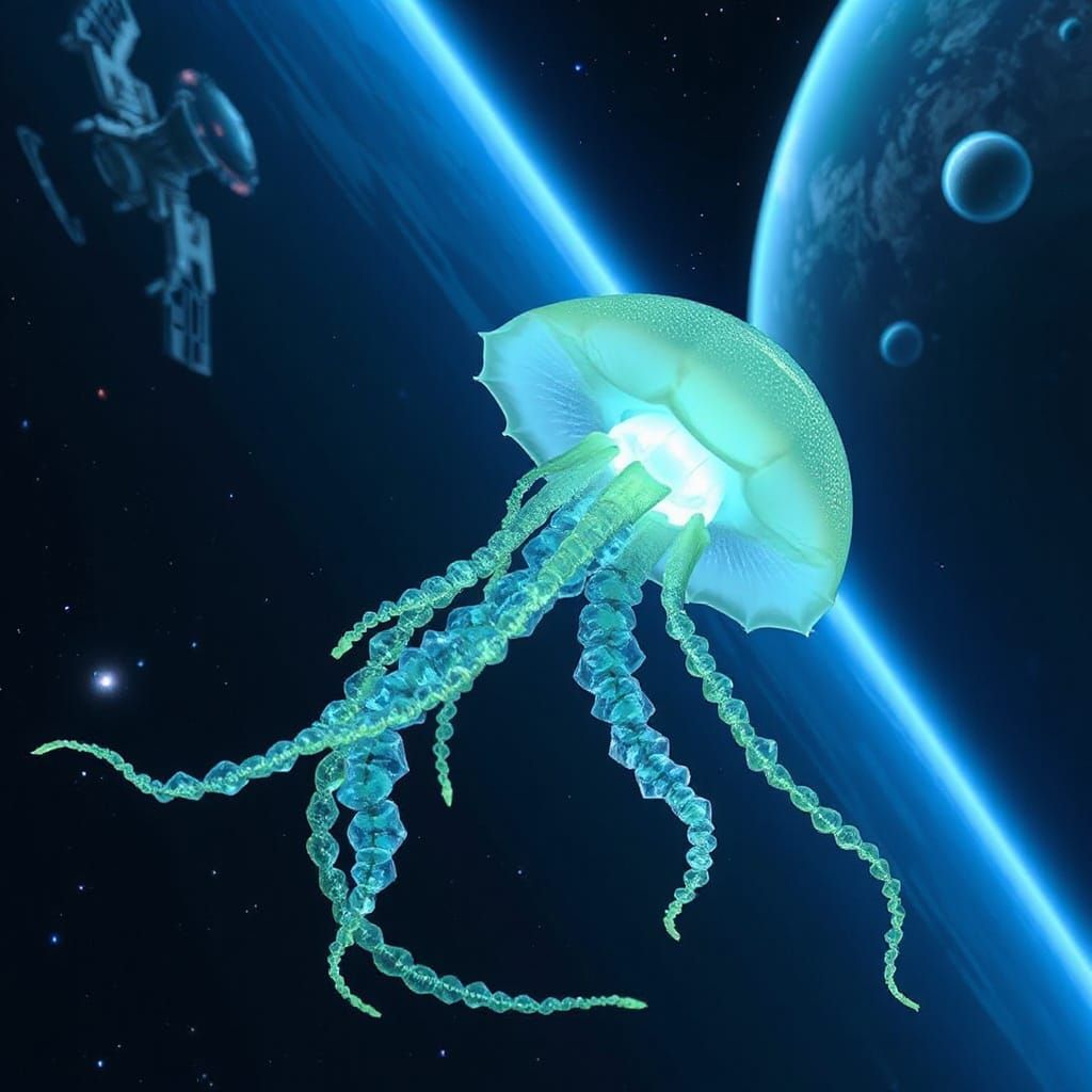 Bioluminescent Jellyfish in Space, Block Art Style