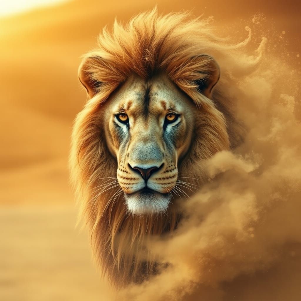 Realistic Lion Made of Dust in Desert