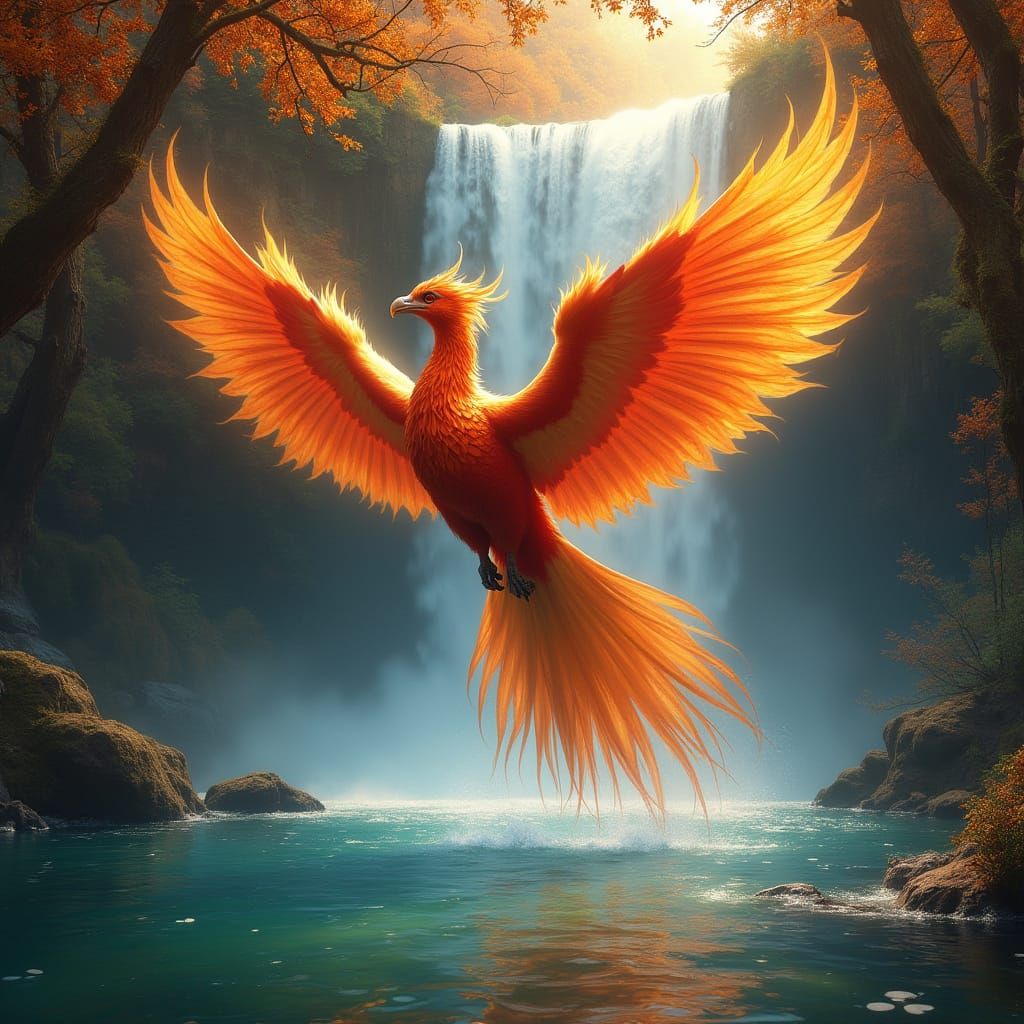 Phoenix Rises From Waterfall Pool in Autumn Splendor