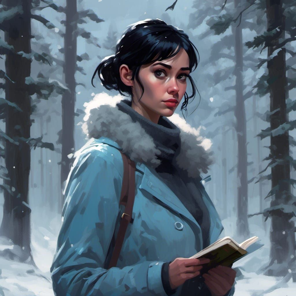 Pensive Woman in Snowy Forest, Digital Art