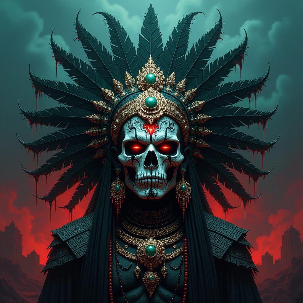 Demonic Aztec Warlord in Dark Fractal Fantasy Oil Painting