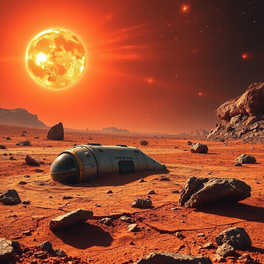 Exoplanet Rescue Capsule Under Red Dwarf Star: Sci-Fi Art