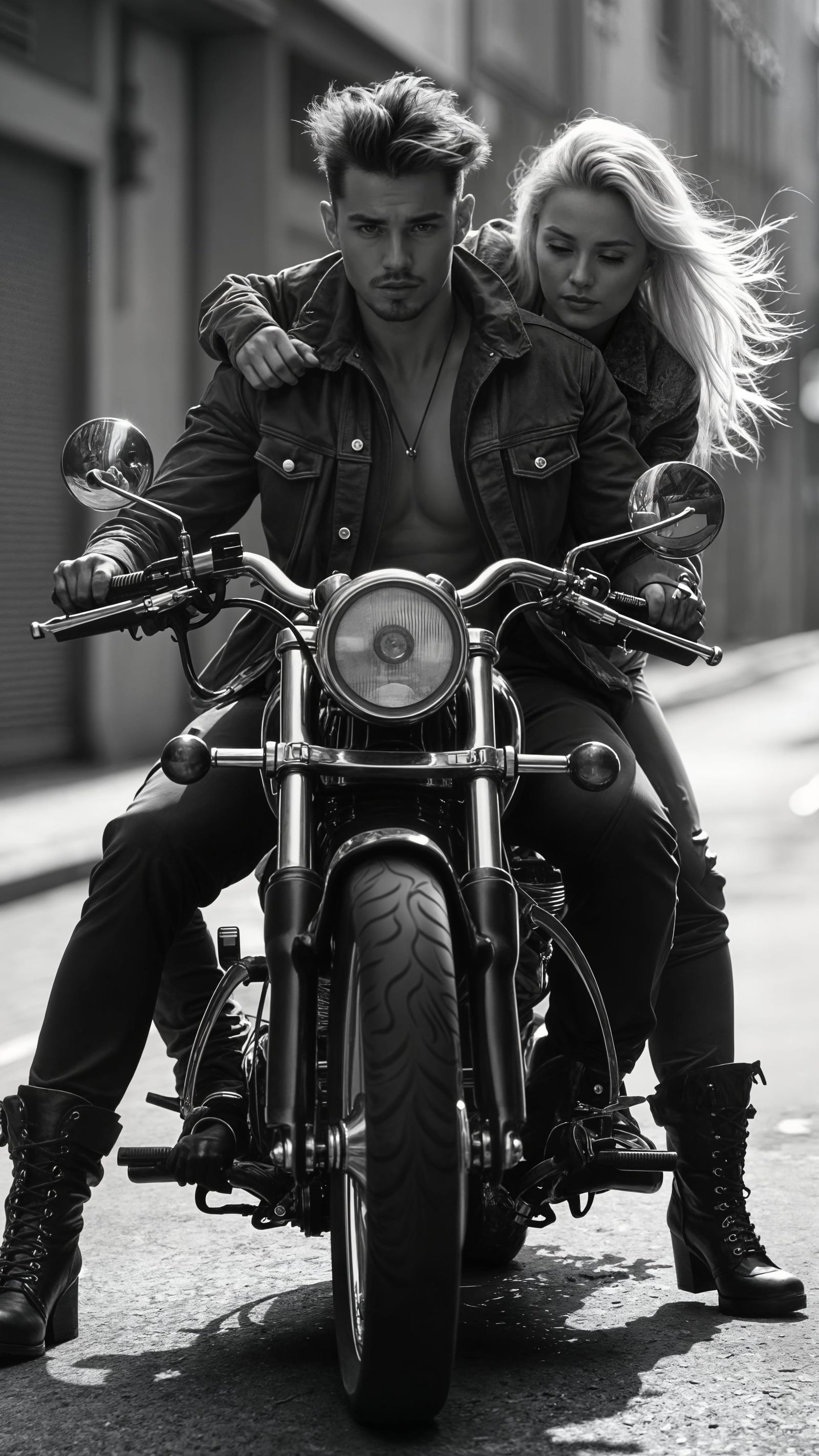 Stylish Couple Rides Vintage Motorcycle in Rebellious Moment