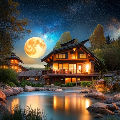 Moonlit Reflections: Intricate Sky Over Dreamlike Waterscape