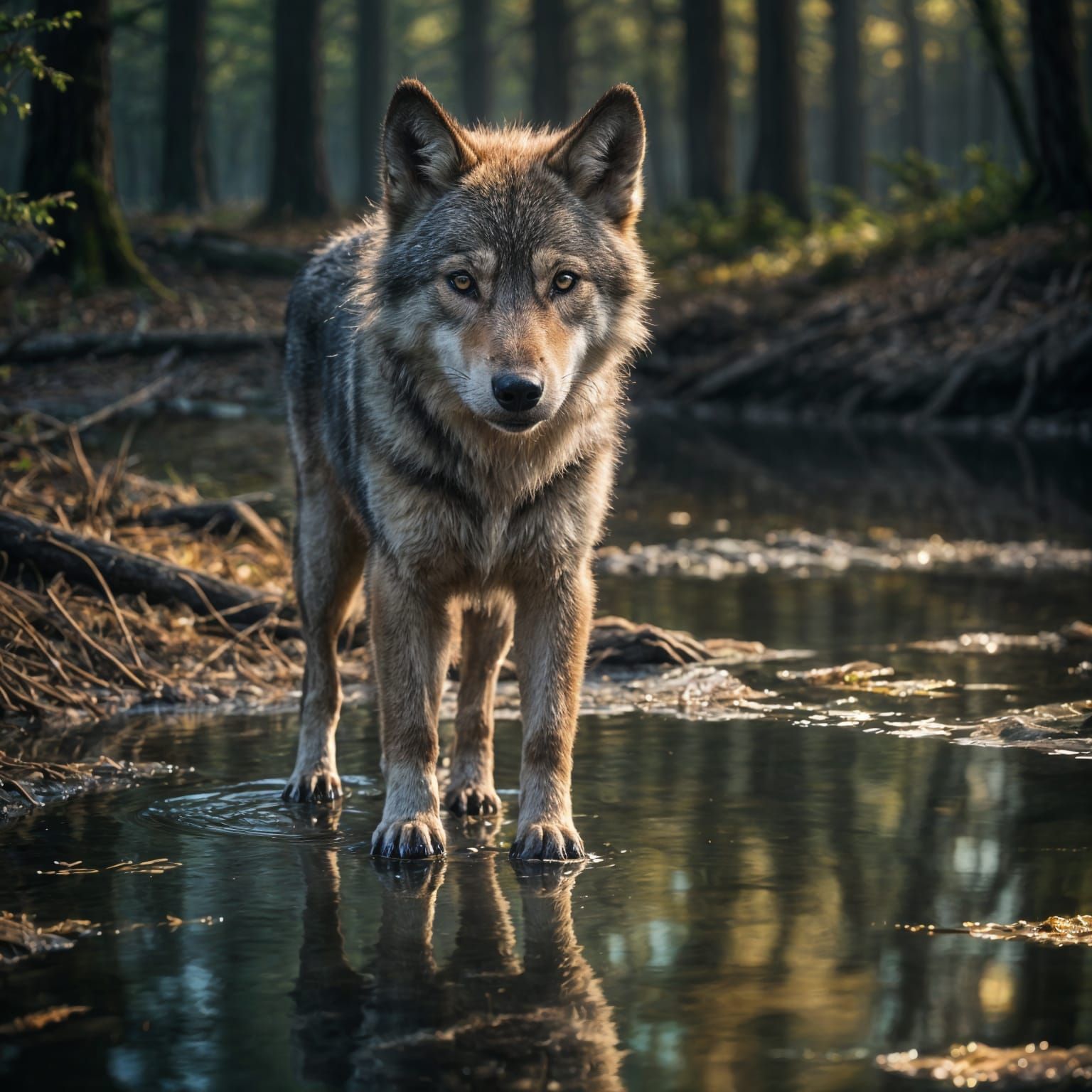 Wolf Pup Reflection in Misty Forest Pool