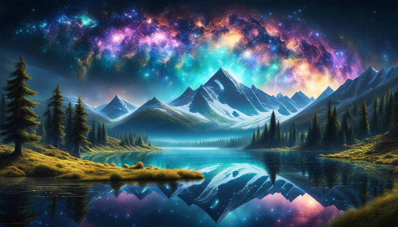 Vibrant Nighttime Landscape with Serene Lake and Majestic Mo...