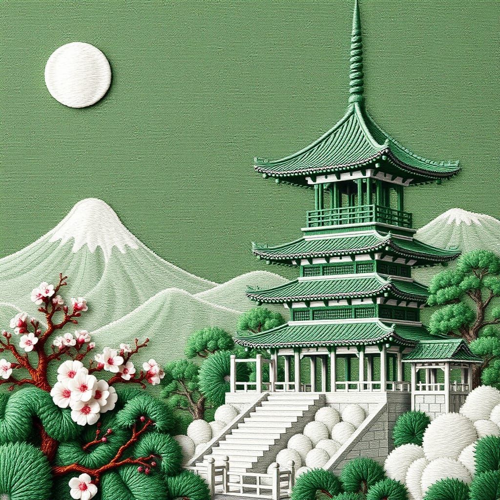 Green and White Pagoda in Moonlit Oriental Scenery