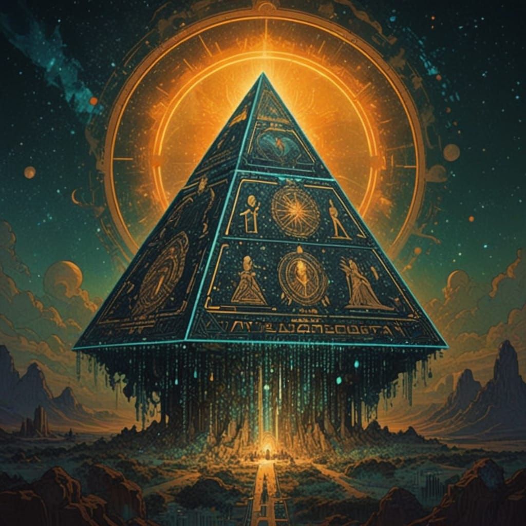 Digital Pyramid in Space with Binary Code & Neon Circuits
