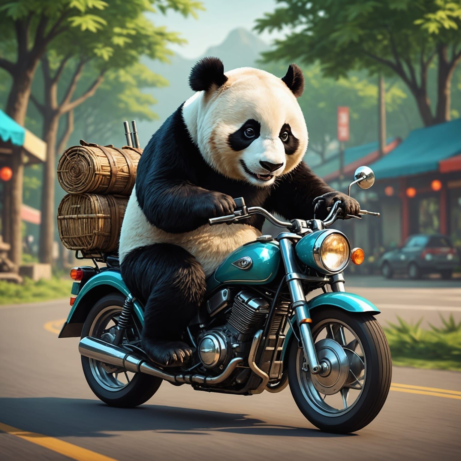 Panda on Motorcycle Eating Bamboo