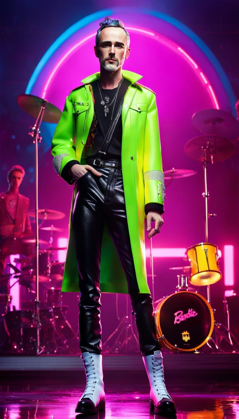 Hyperrealistic Young Man in Rave Outfit with Barbie