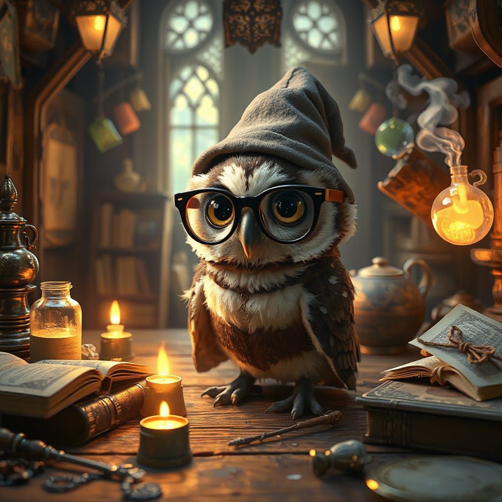Baby Owl Wizard in Enchanted Workshop, Ghibli-esque Art