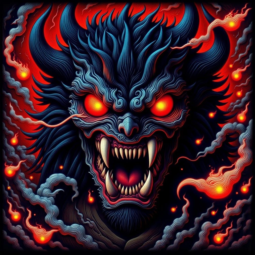 Terrifying Oni Demon Close-up with Glowing Eyes