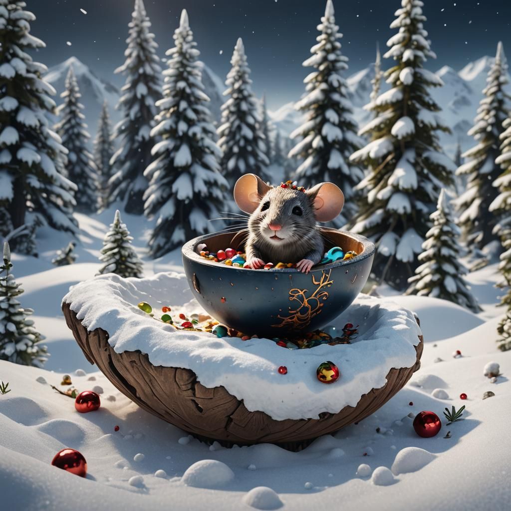 Cute Mouse in Snow Globe, Detailed Matte Painting