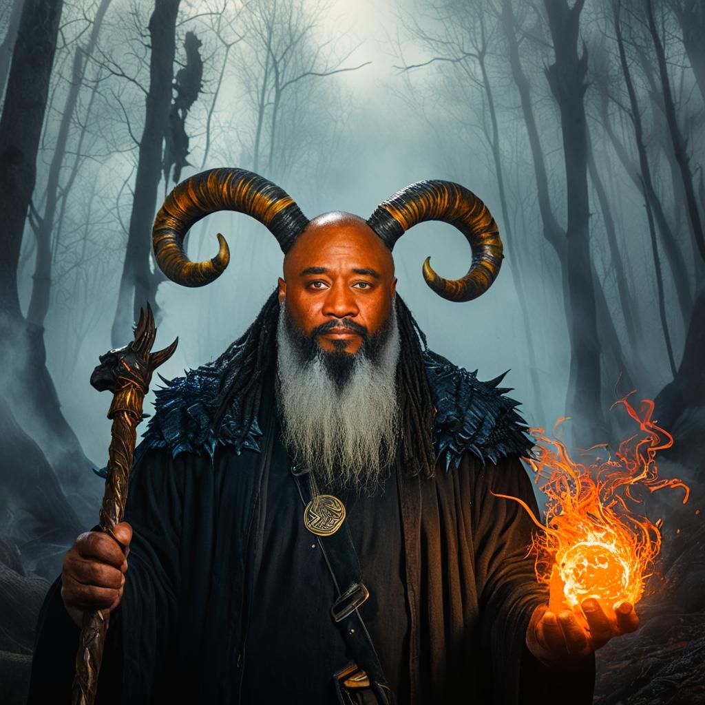 Wizard with Dragon in Misty Forest Illustration