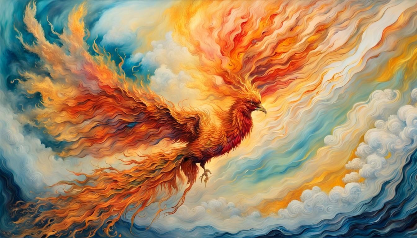 Flaming Phoenix Soaring: Impressionist Encaustic Painting