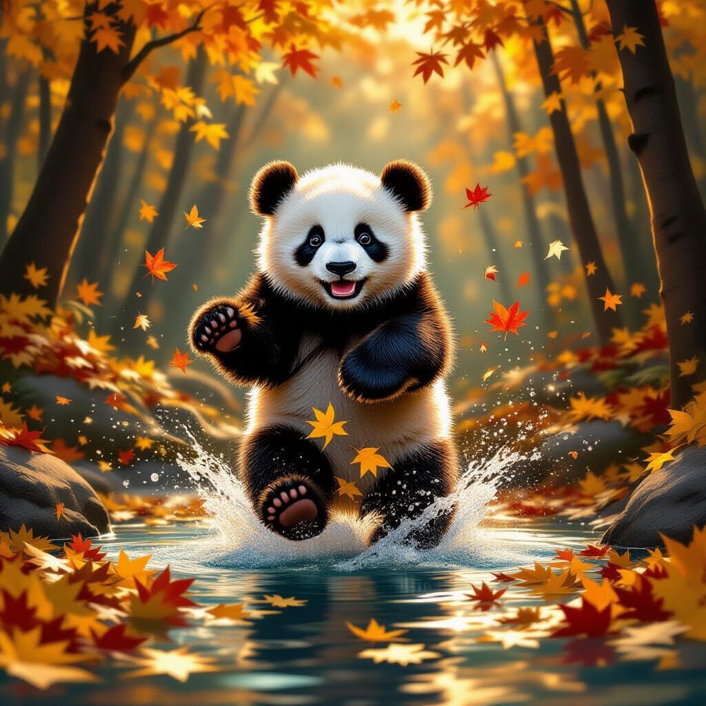 Baby Panda Leaps into Autumn Leaves in Baroque Style