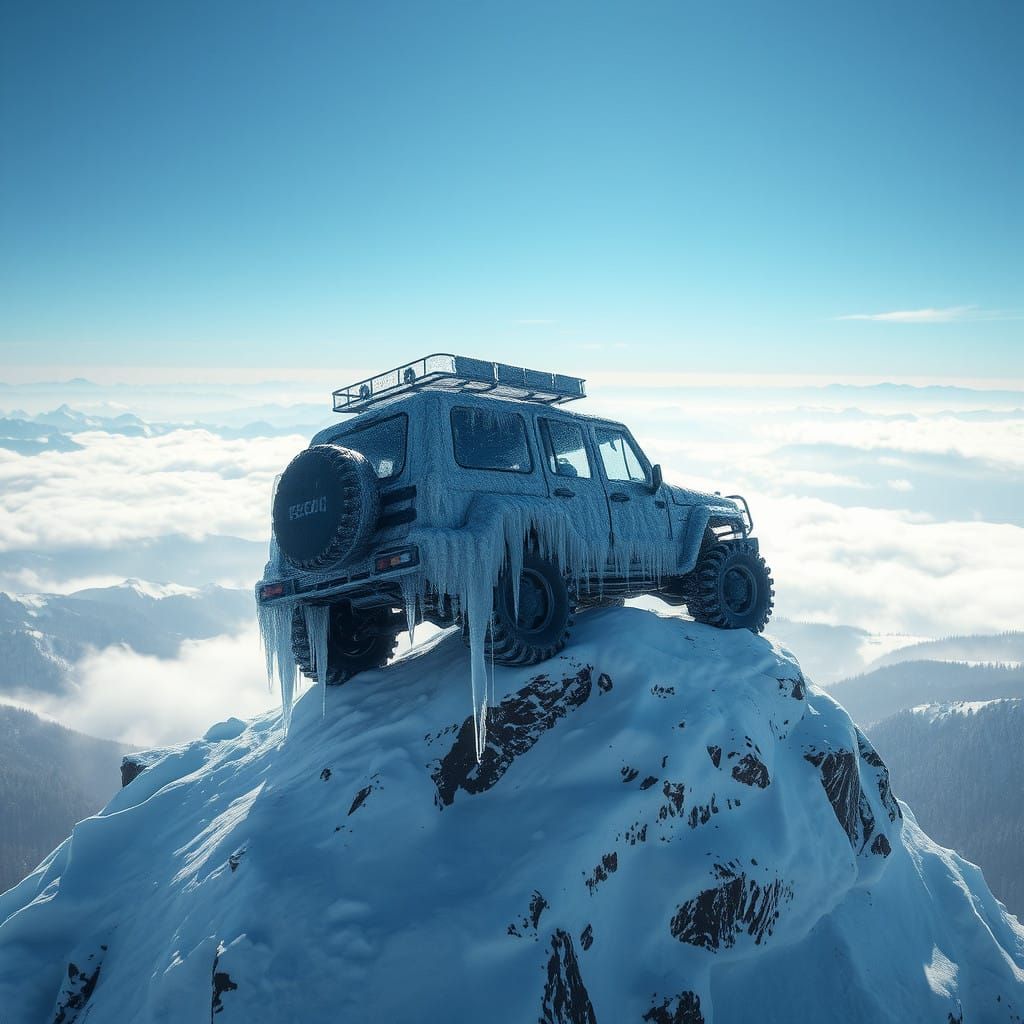 A Frozen Vehicle Perched on a Snowy Mountain Summit
