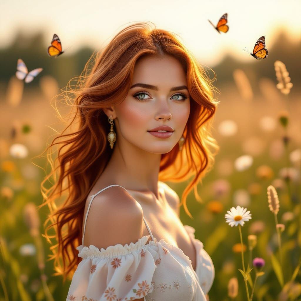 Auburn Haired Woman in Wildflower Meadow, Hyperrealistic