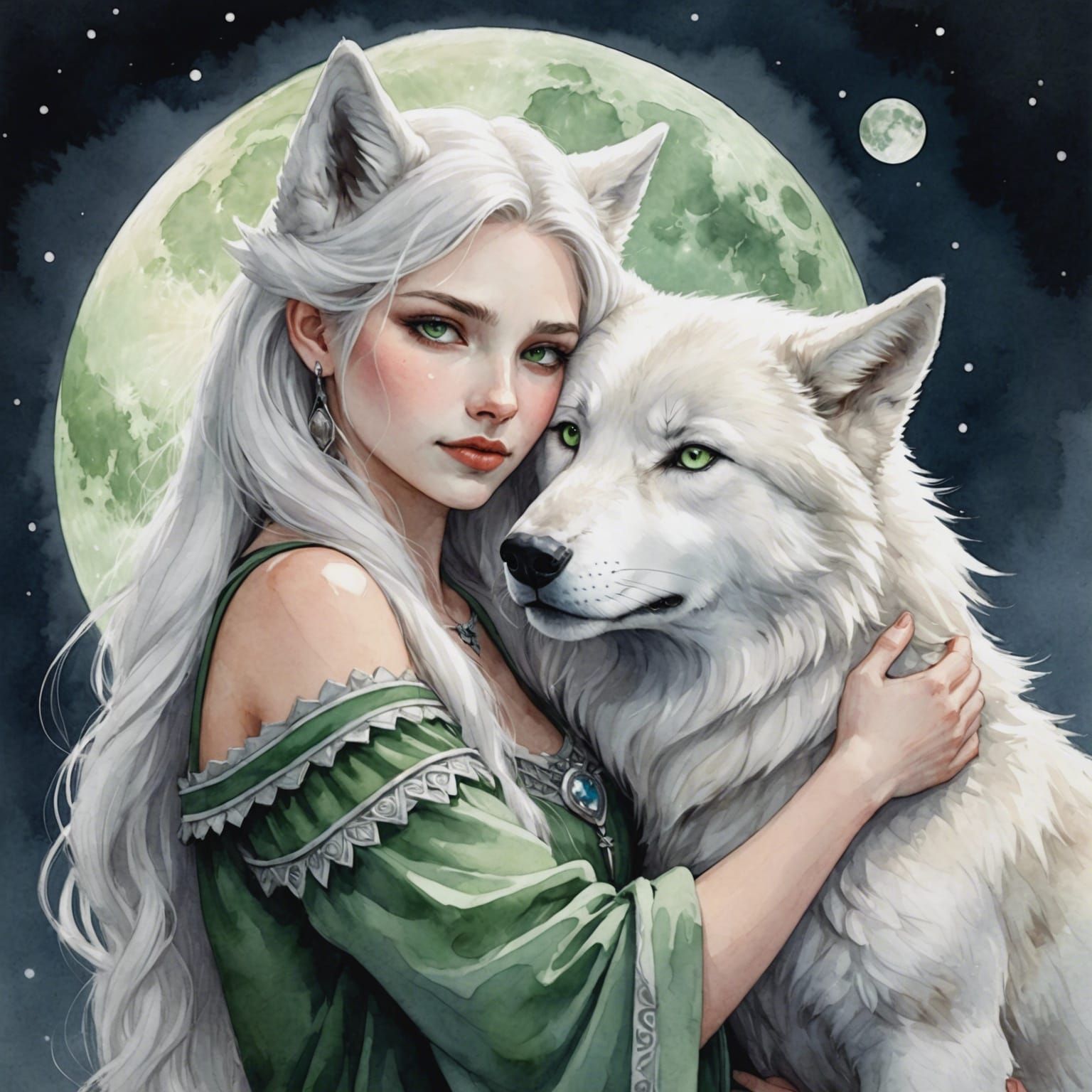 Wolf Woman Hugging Wolf in Watercolor Style