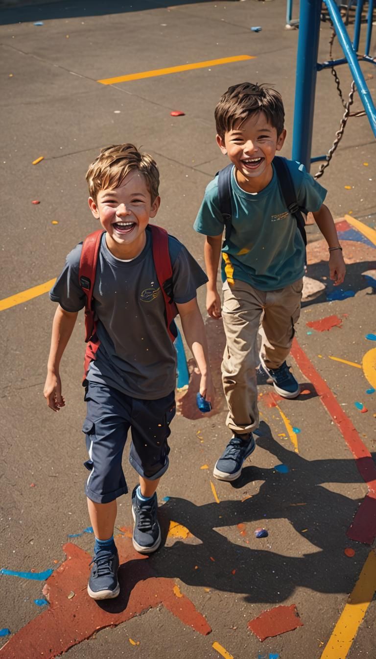 Boys on Playground in Hyperrealistic Splash Art