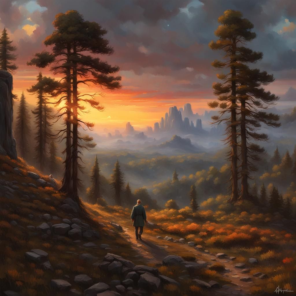 Old Man Walks Through Pine Forest: Matte Painting
