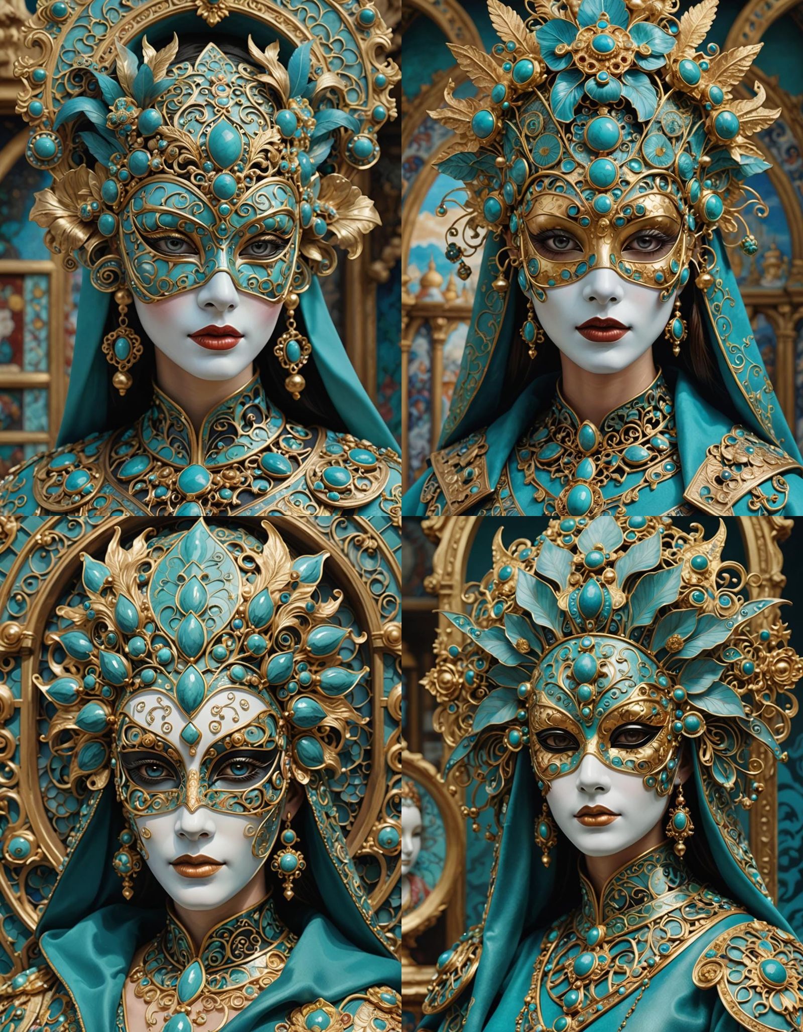 Woman with Elaborate Mask in Cloisonnist Style