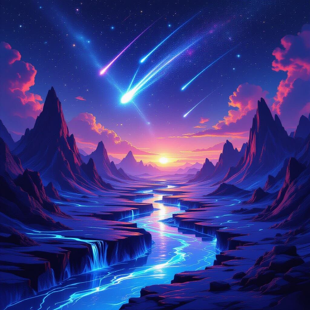 Surreal Alien Planet with Glowing Rivers and Meteor Shower