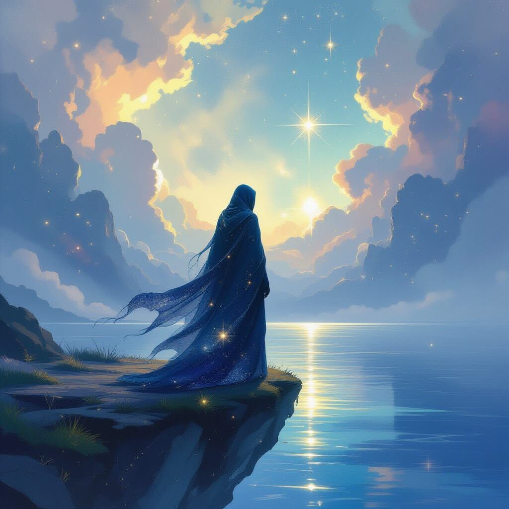 Celestial Being on Floating Island Overlooking Alien Ocean