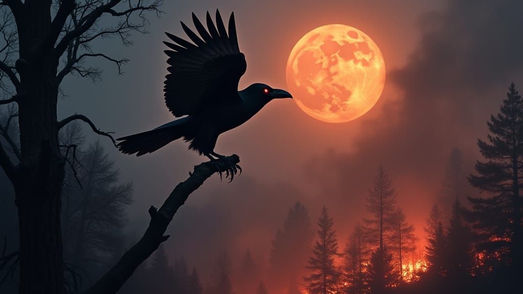 Majestic Raven Takes Flight Over Burning Forest