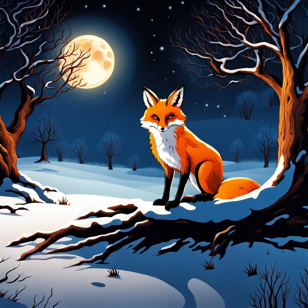 Fox Hunt Under Moonlight in Winter