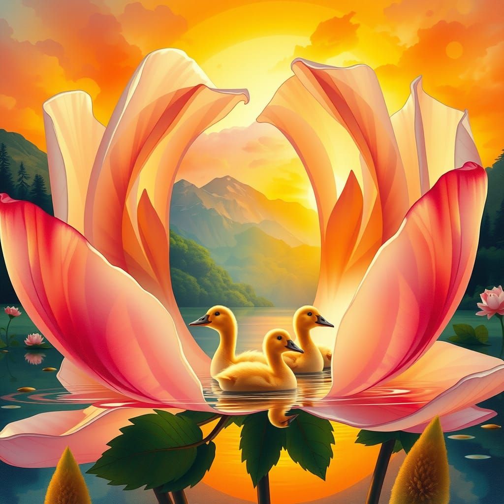 Goslings Swimming in Glass Peony, Watercolor Aesthetic