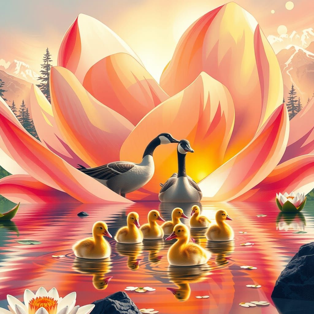 Glass Peony with Mountain Lake Scene